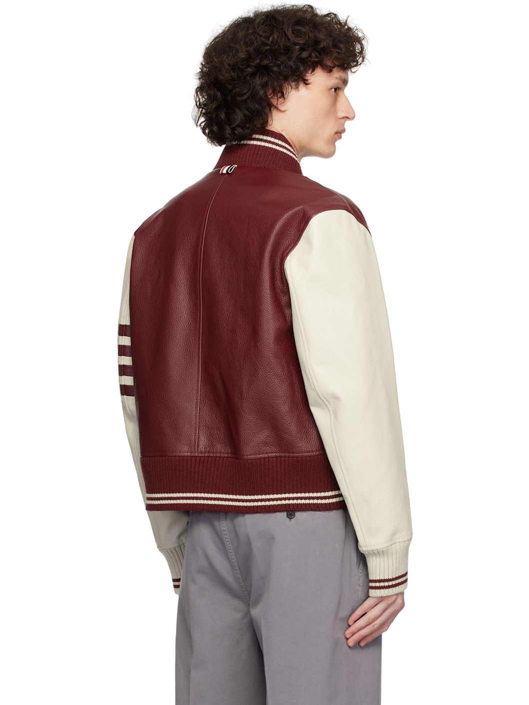 Burgundy & Off-White Classic 4 Bar Leather Bomber Jacket - 3