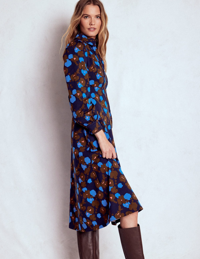 Pip Zip-Up Ponte Midi Dress-French Navy, Garden Blossom 3