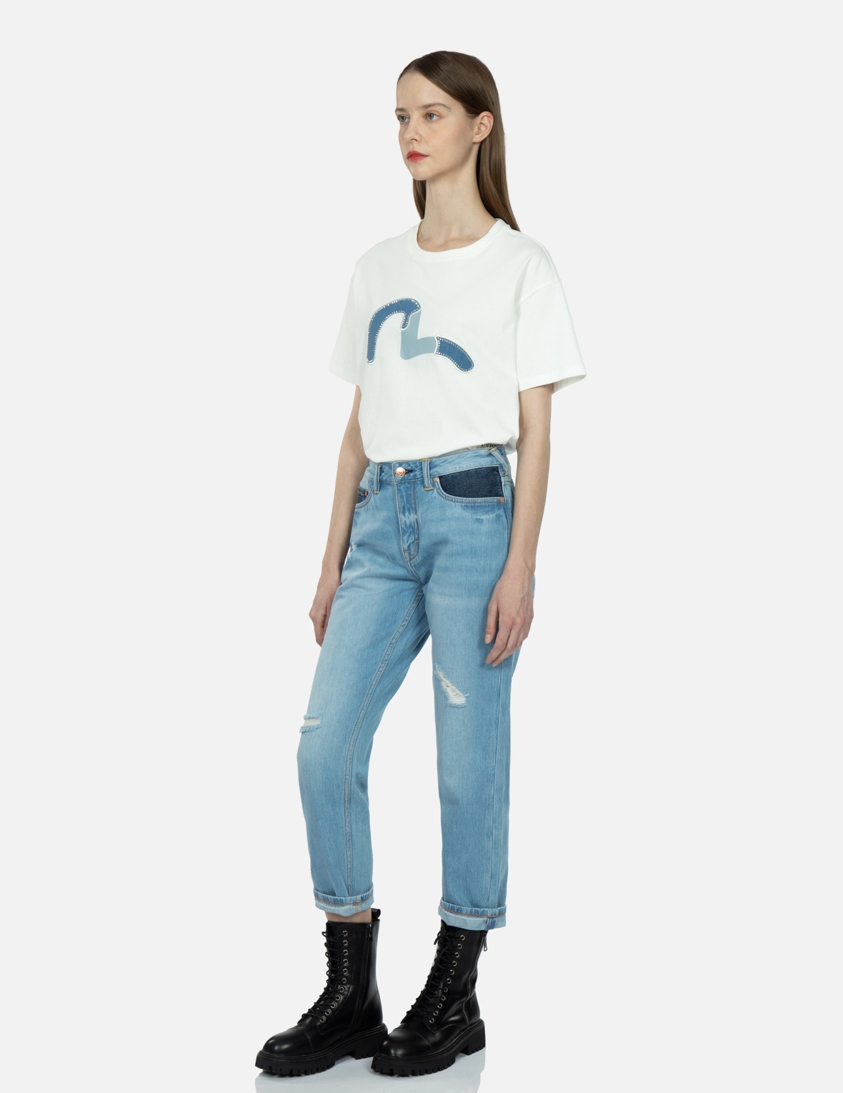 BRAND MOTTO PRINT FABRIC-BLOCKING BOYFRIEND JEANS - 4