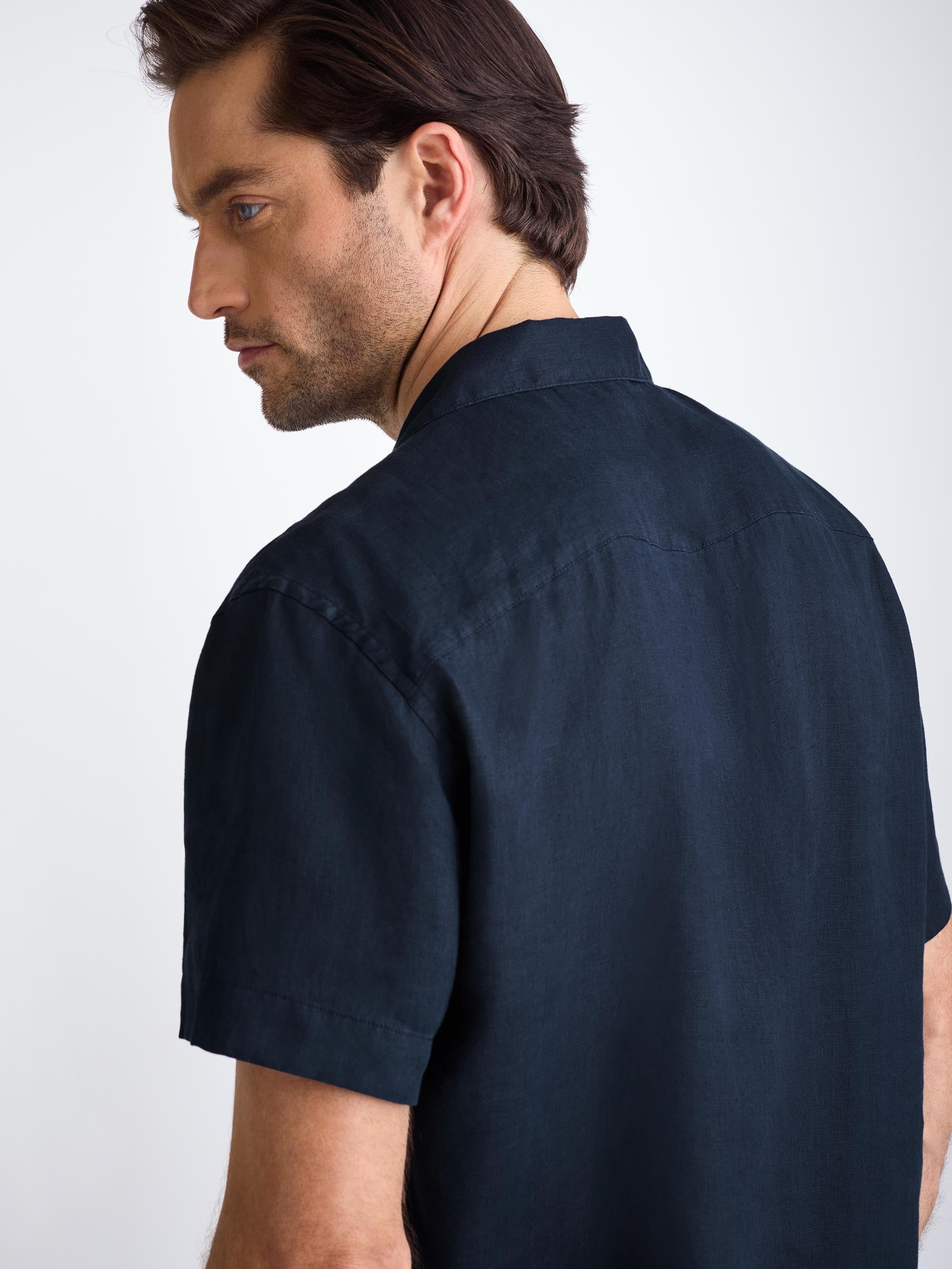 Men's Short Pajamas Sicily Linen Navy - 6