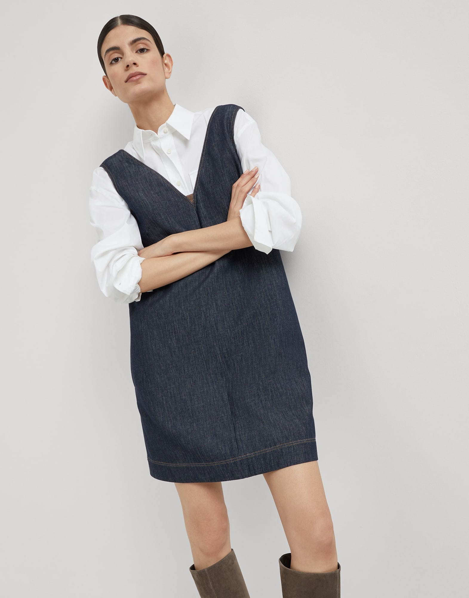 Cotton denim-effect twill mini dress with monili - 4