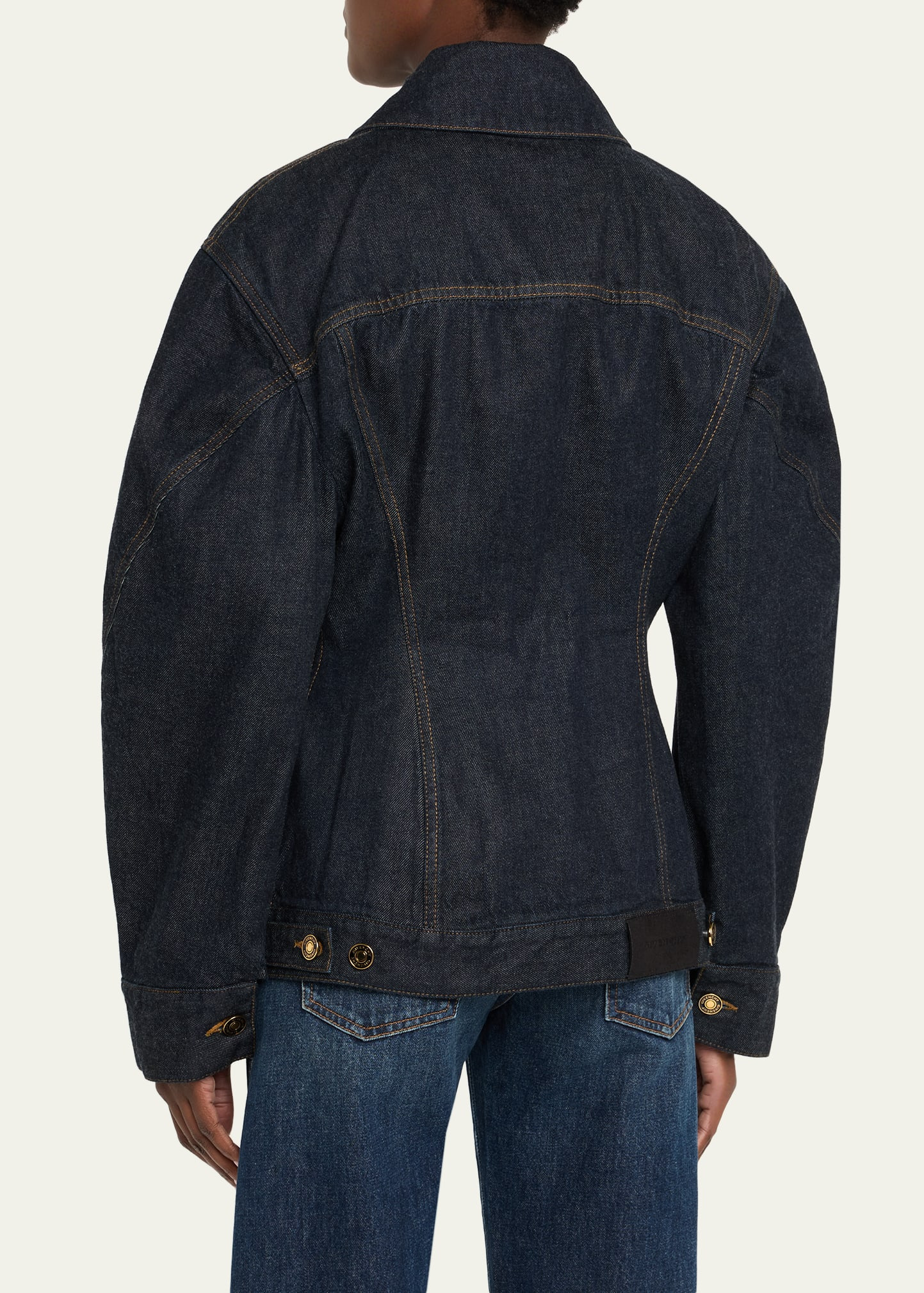 Cocoon-Sleeve Waisted Denim Jacket - 3