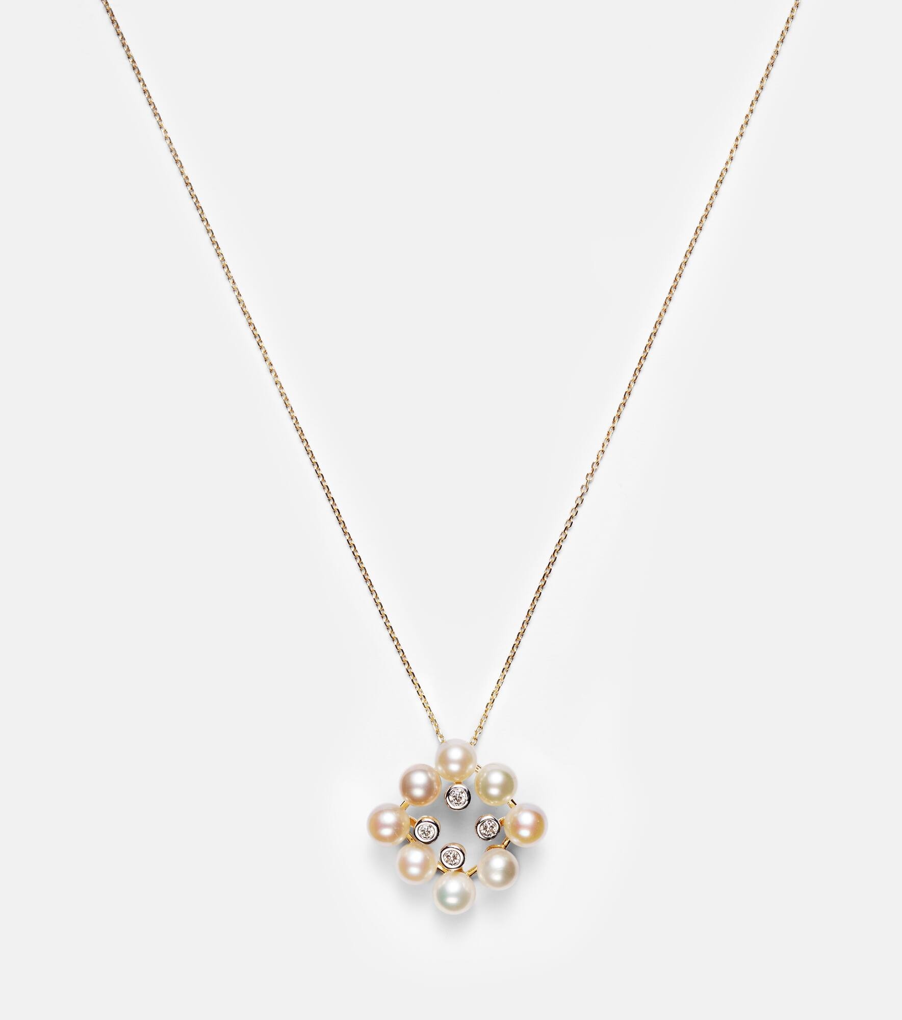 Cluster 14kt gold pendant necklace with pearls and diamonds - 4