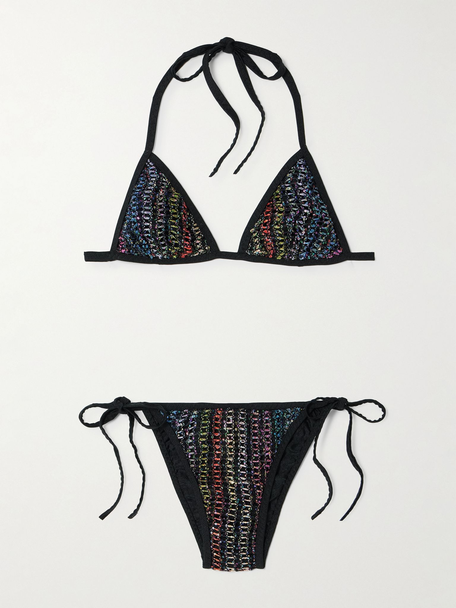 Mare sequined metallic crochet-knit triangle bikini Black - 1