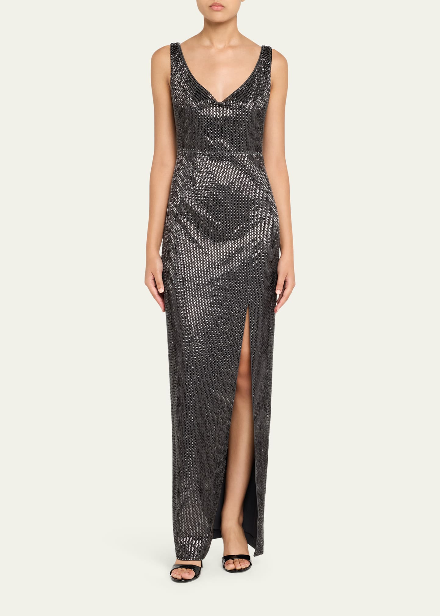 V-Neck Diamante Crepe Sleeveless Gown - 2