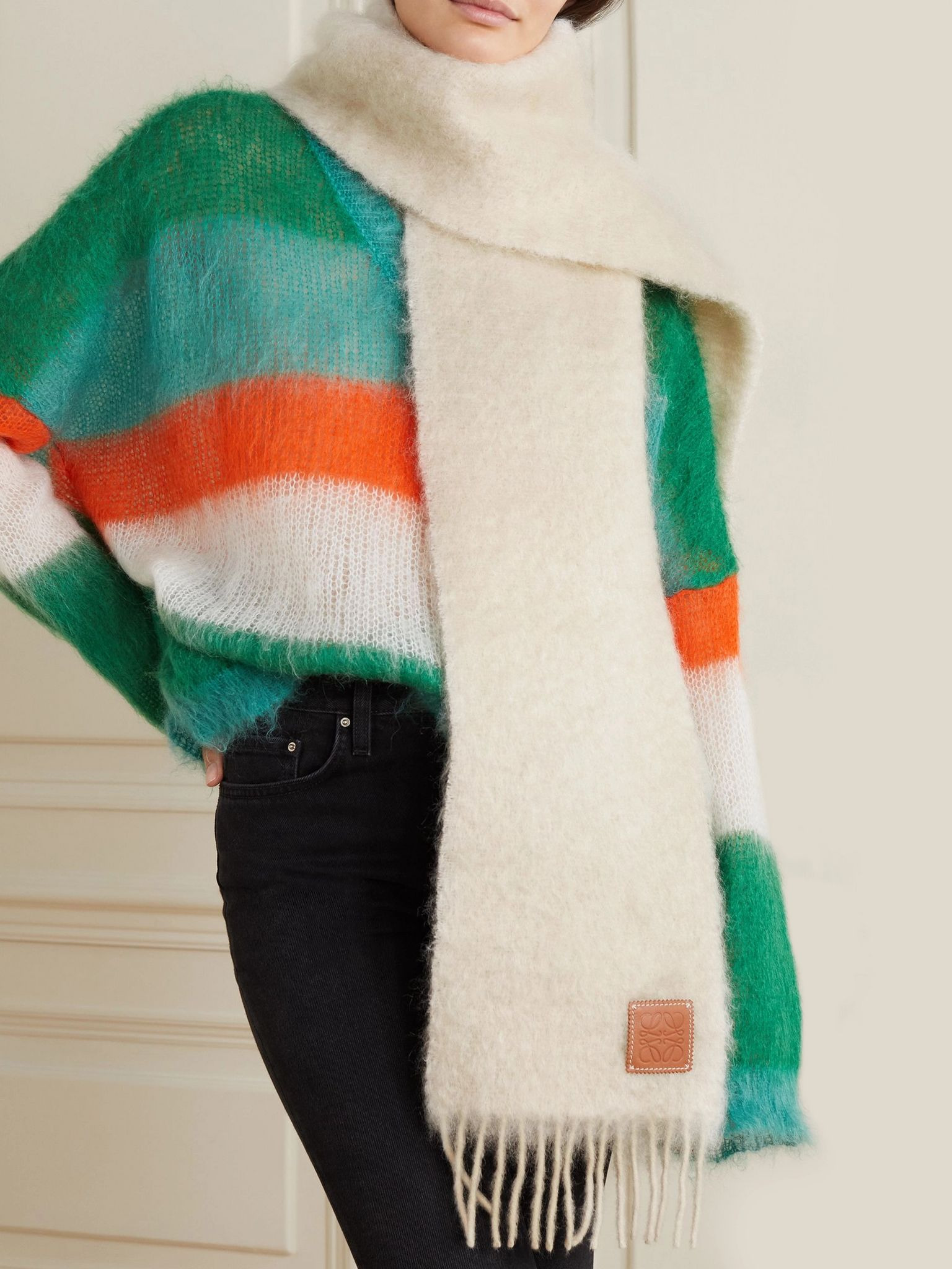 Leather-trimmed fringed mohair-blend scarf Ecru - 2