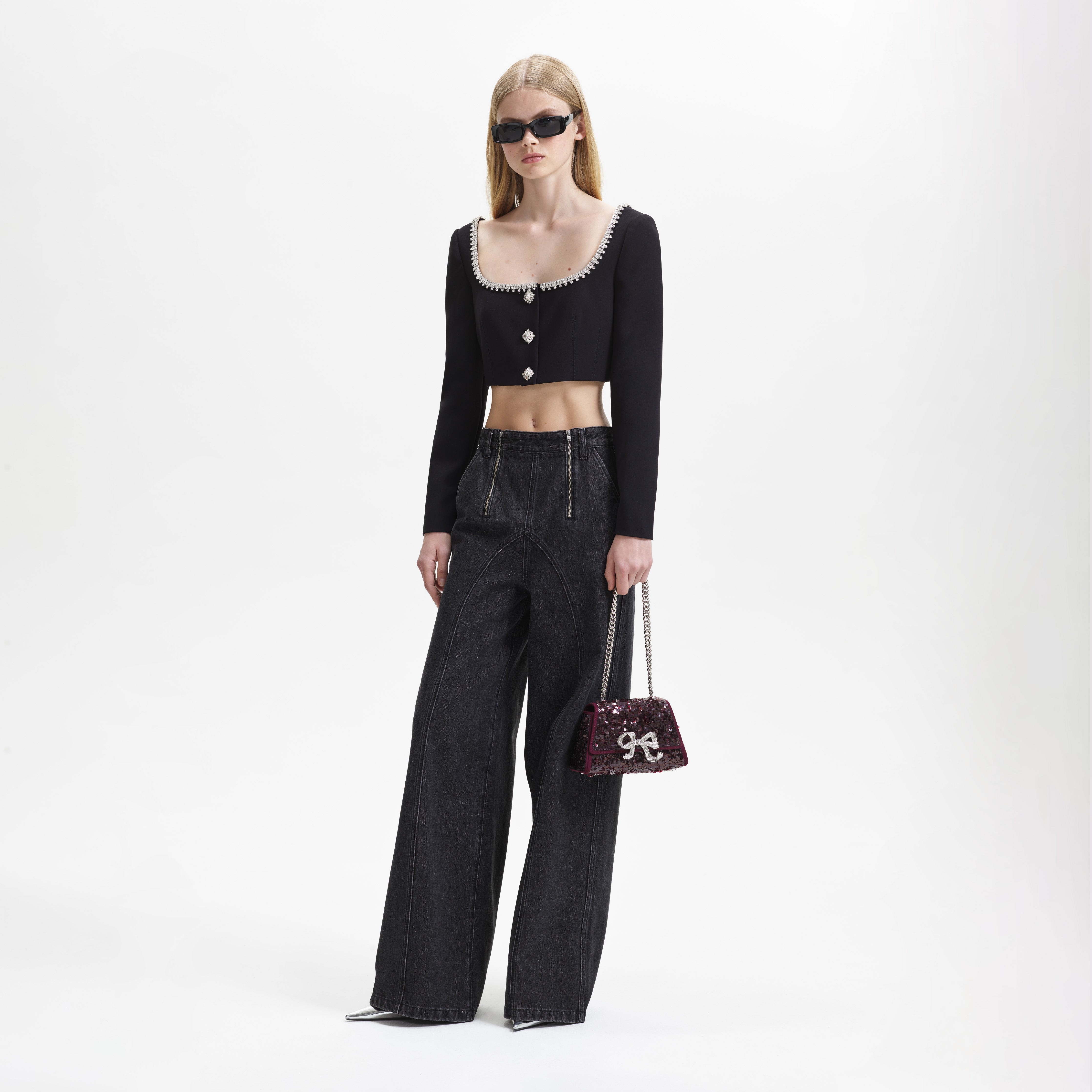 Black Wide Leg Stitch Detail Jeans - 2