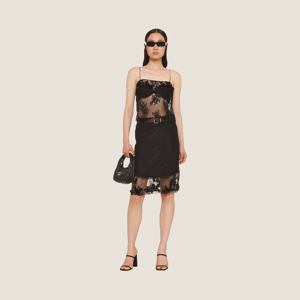 Miu Miu Floral-lace Detail Midi Skirt In Black | ModeSens