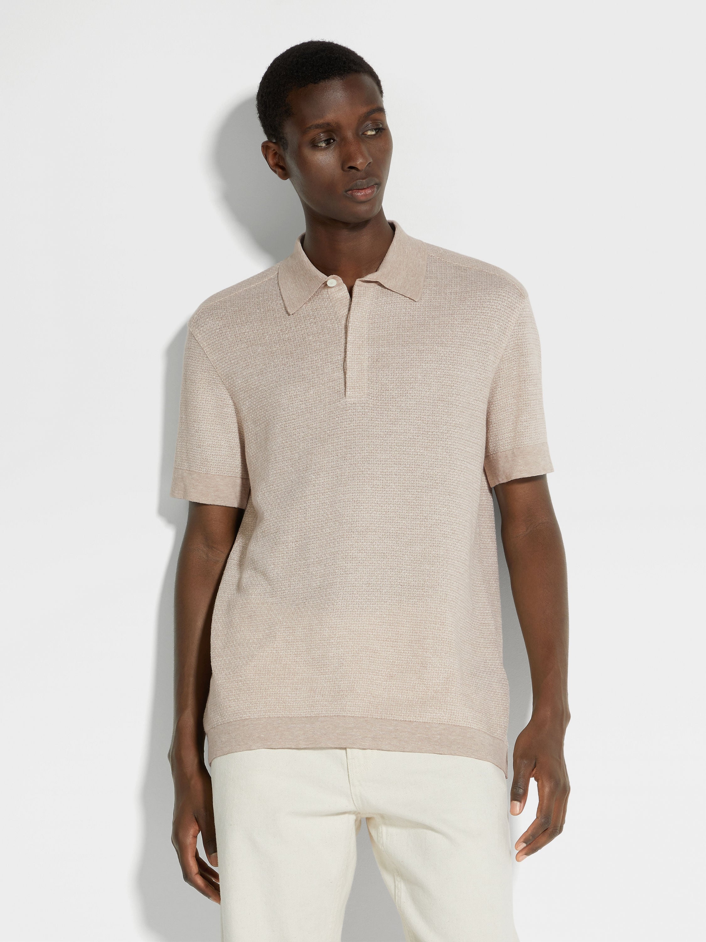 LIGHT BEIGE COTTON LINEN AND SILK POLO SHIRT - 4