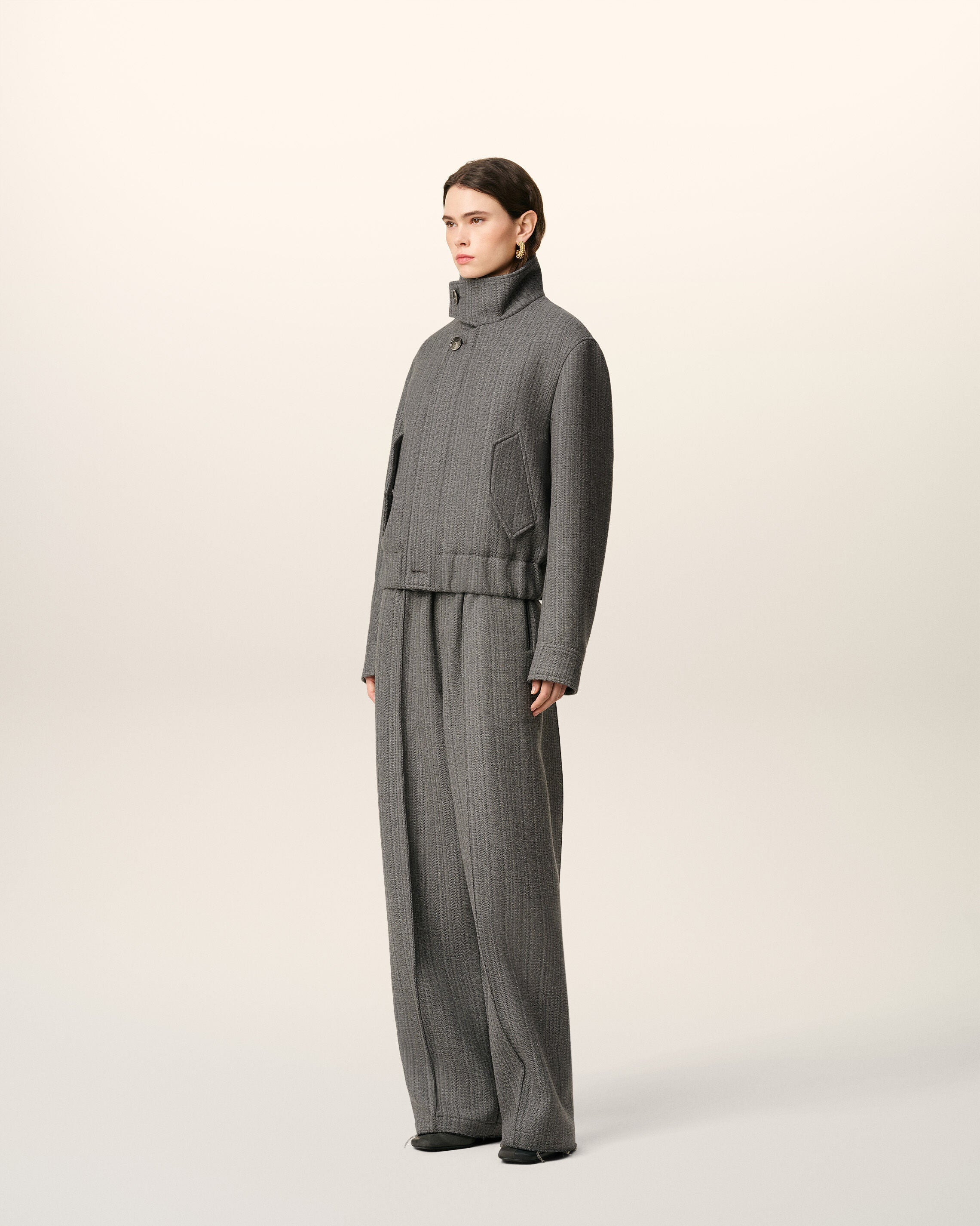 GREY WOOL HERRINGBONE HARRINGTON JACKET - 6