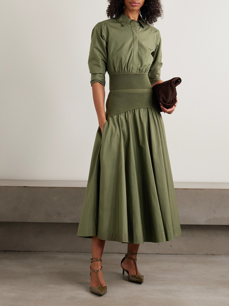 SIMKHAI Ovie Pleated Ribbed-knit Trimmed Cotton-poplin Midi Skirt outlook