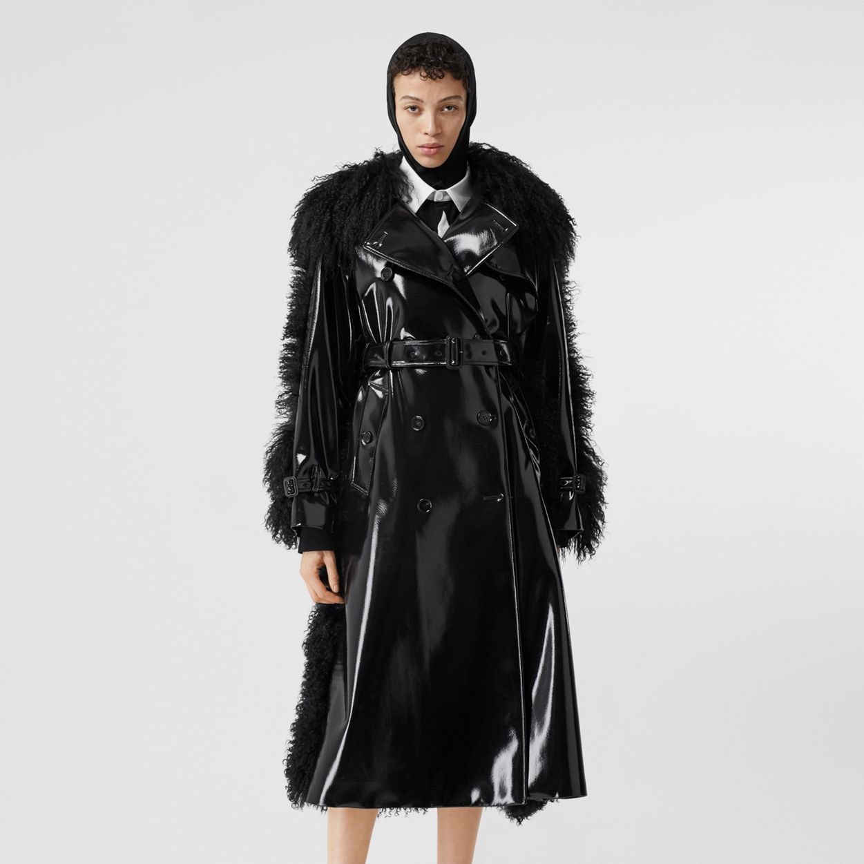 Shearling Trim Vinyl Trench Coat - 7