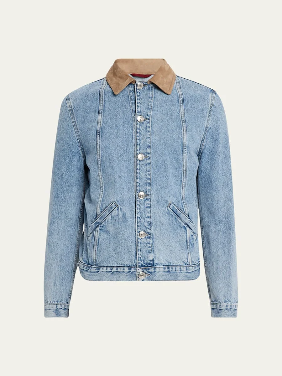 Men's Suede-Collar Light Wash Denim Jacket - 1