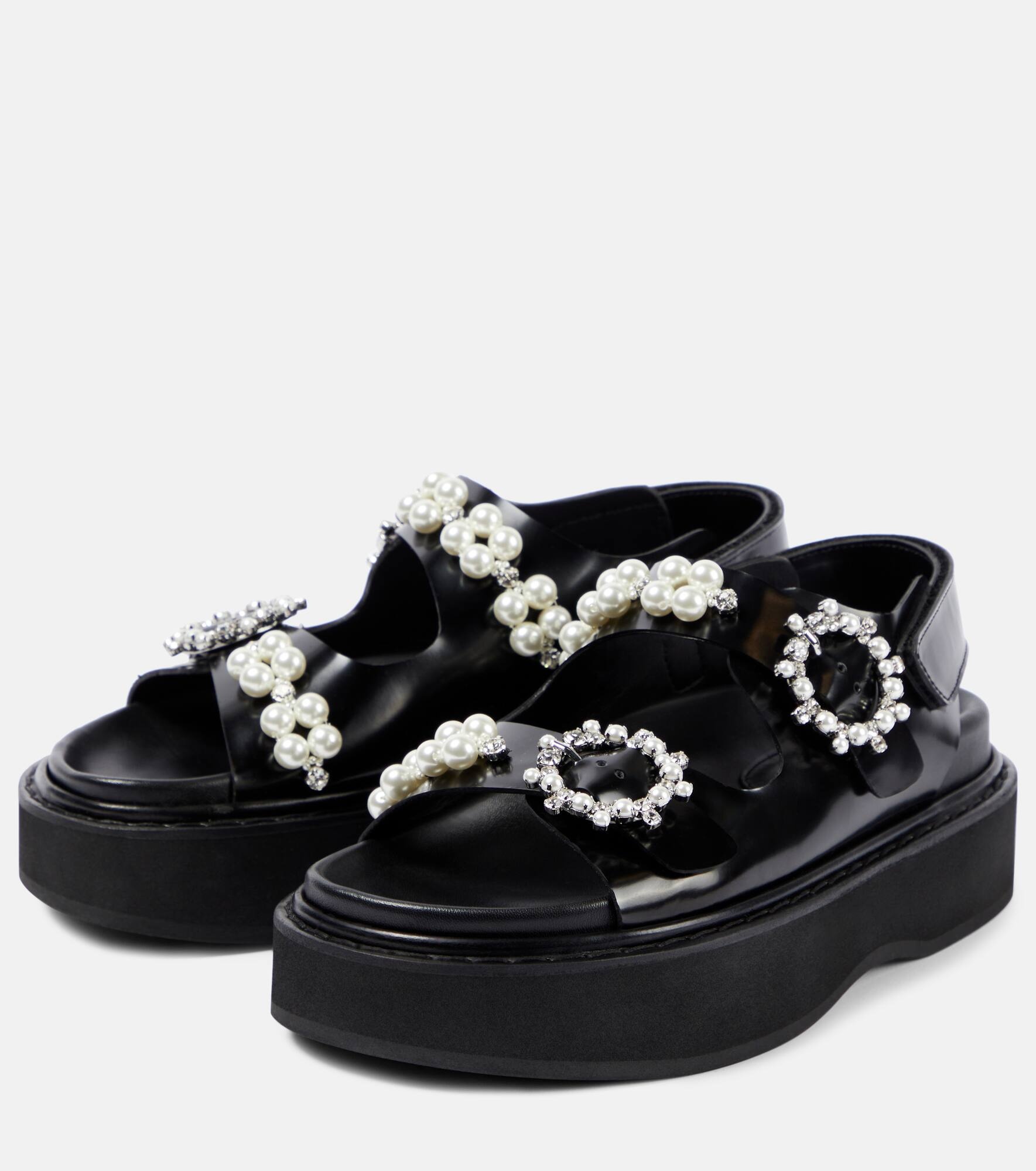 Faux pearl-embellished leather platform sandals - 5