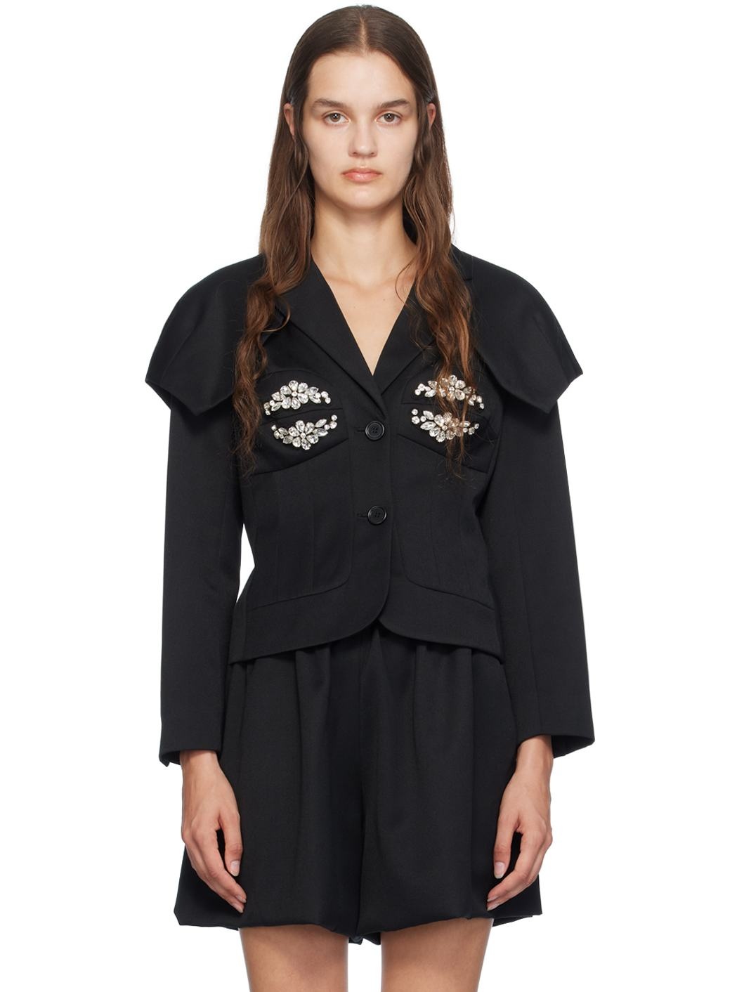 Black Embroidered Bust Fitted Cap Blazer - 1