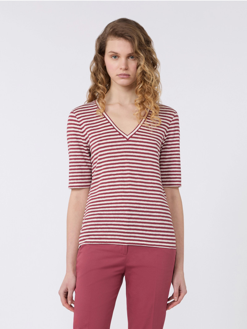 OPZIONE Stretch linen jersey V-neck T-shirt - CHERRY 3