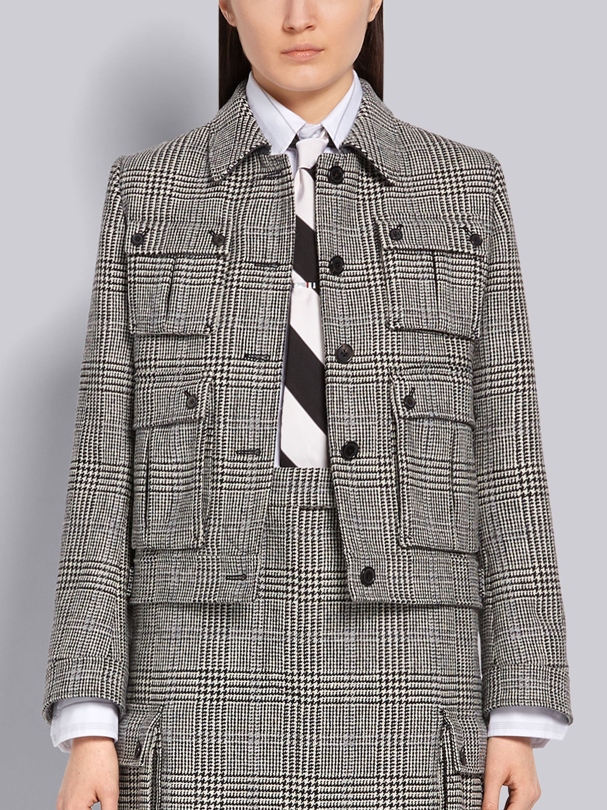 Black and White Prince of Wales Hunting Wool Tweed Unconstructed 4-Pocket Harrington Jacket - 7