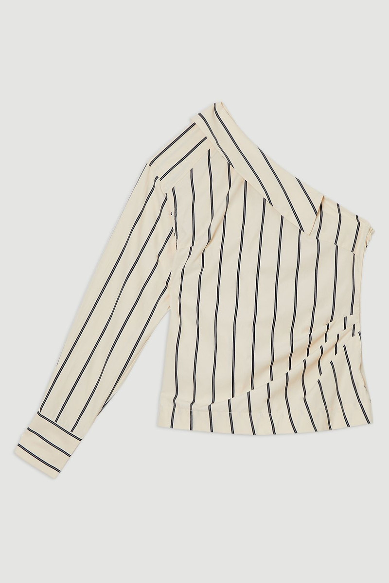 Cotton Stripe Belted Woven One Shoulder Top 1