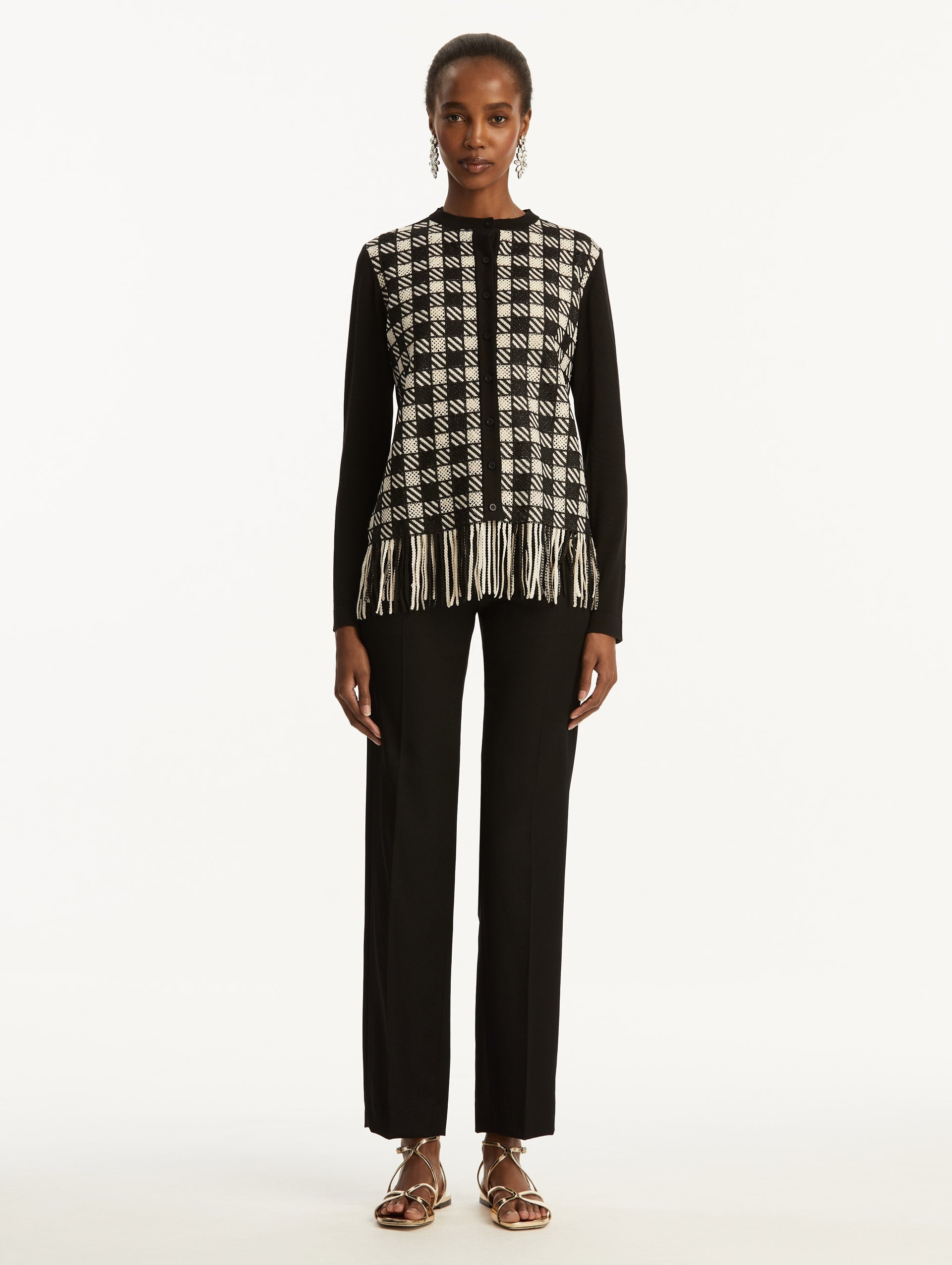 CHECKED FRINGE GUIPURE CARDIGAN - 3