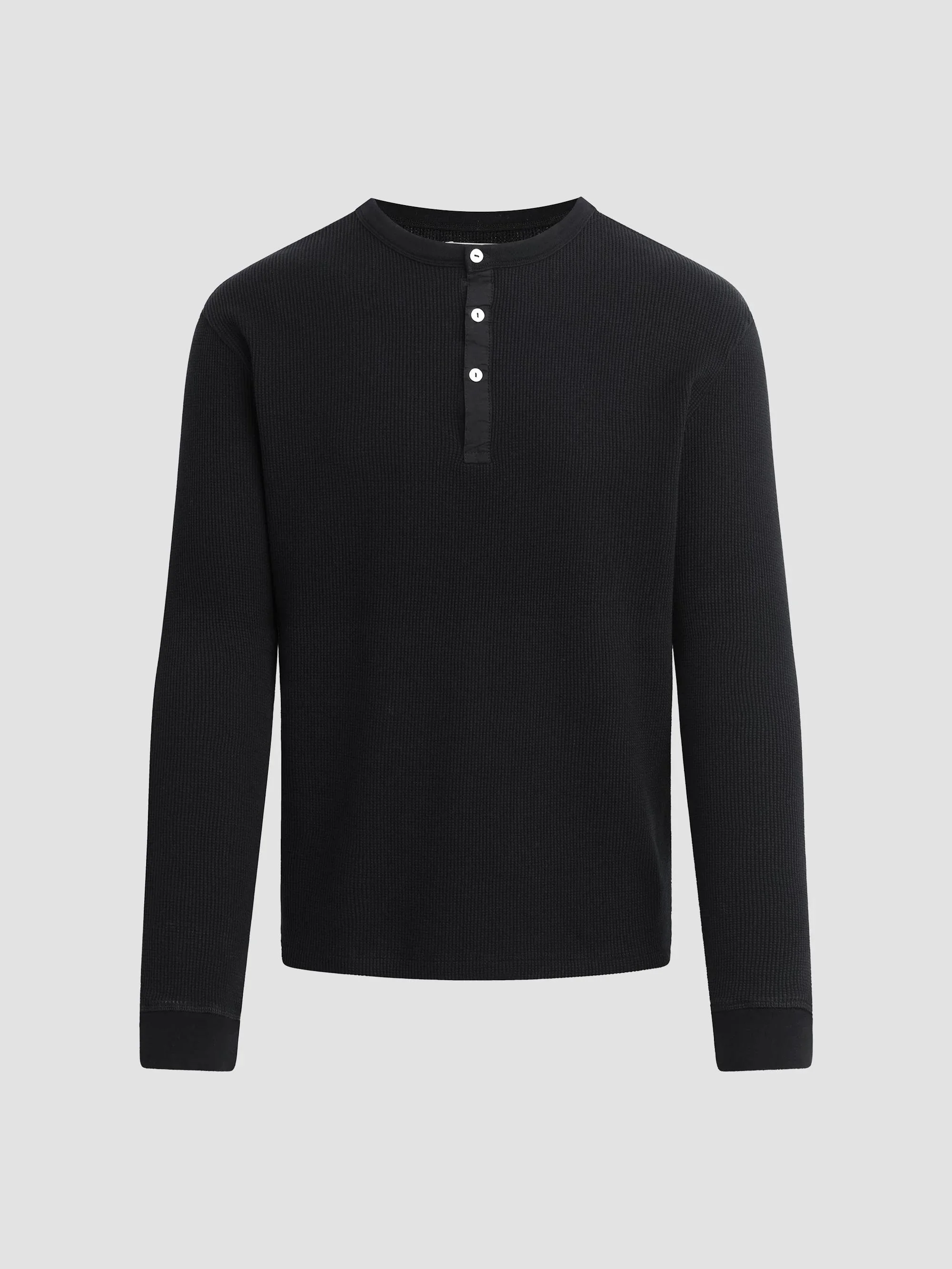 Men's Waffle-Knit Cotton Henley - Black - 1