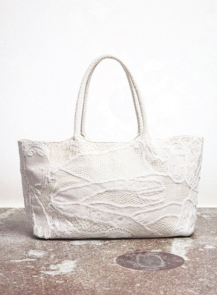 Mcewan Tote Bag in Ivory Leather with Cotton Macrame - 6