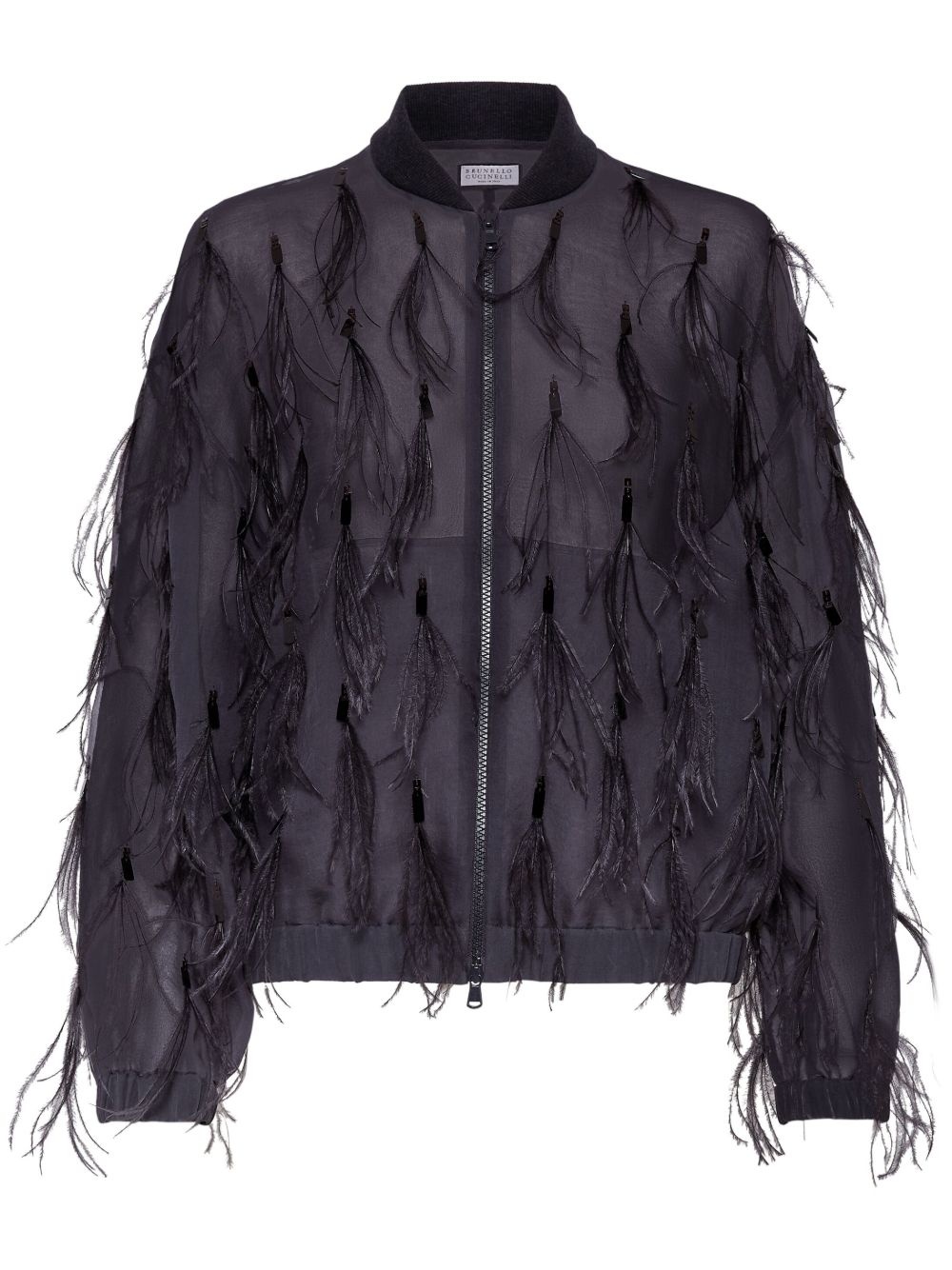 feather-embellished satin jacket - 1