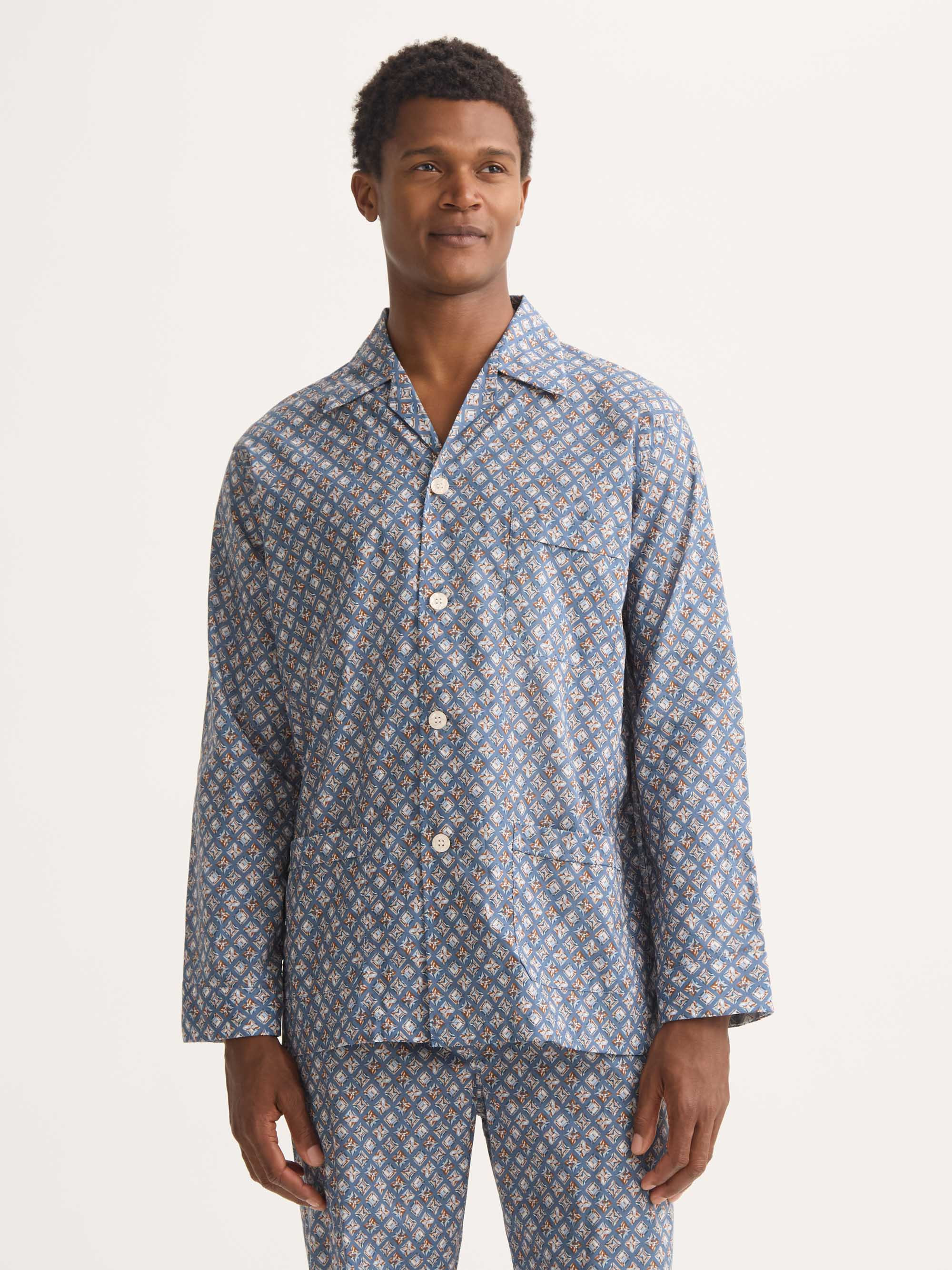 Men's Classic Fit Pajamas Cotton Batiste Blue Multicolor Diamond Print - 4