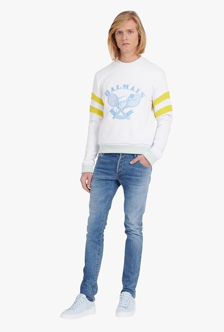 White eco-designed cotton sweatshirt with embroidered pale blue Balmain logo - 2