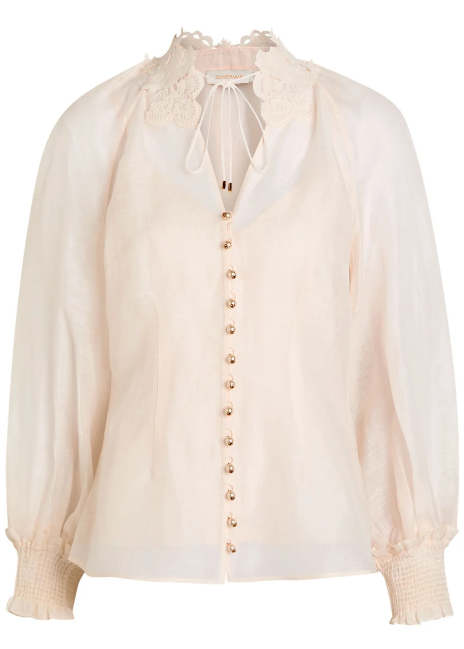 Zimmermann Rebellion Lace-appliquéd Linen and Silk-blend Blouse - 1