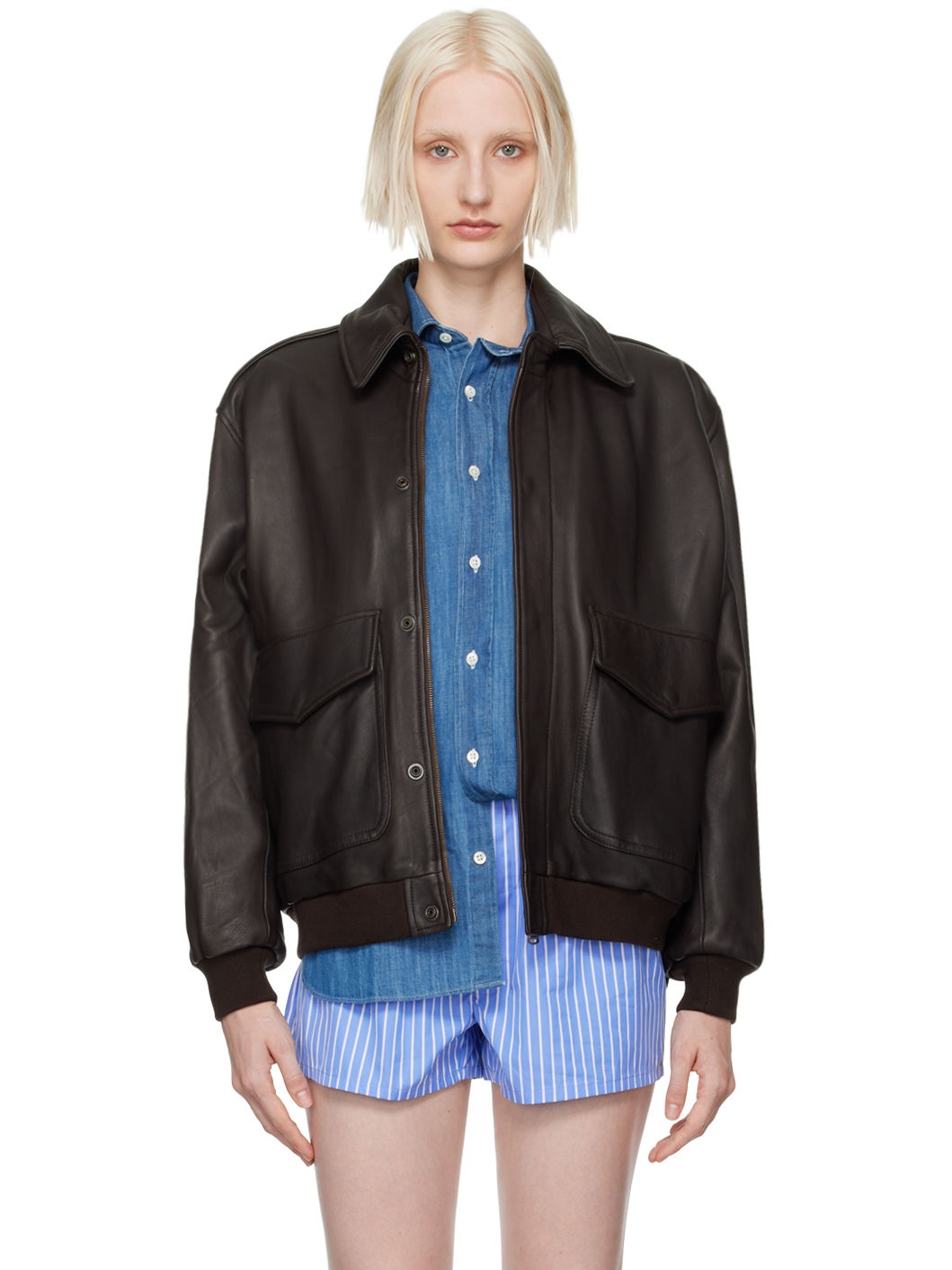 Brown Oversized Leather Bomber Jacket - 1