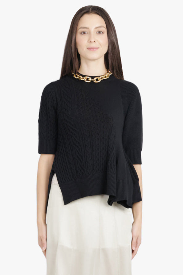 3/4 SLEEVE CHAIN KNIT WITH ASYMMETRIC HEM DETAIL | BLACK - 3