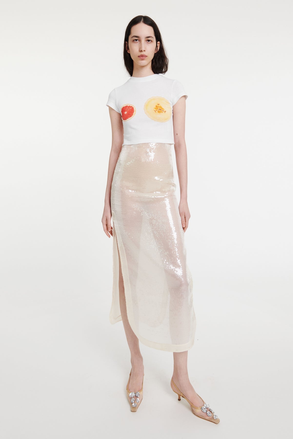 CROPPED FITTED T-SHIRT WHITE WITH FRUIT PRINT - 1