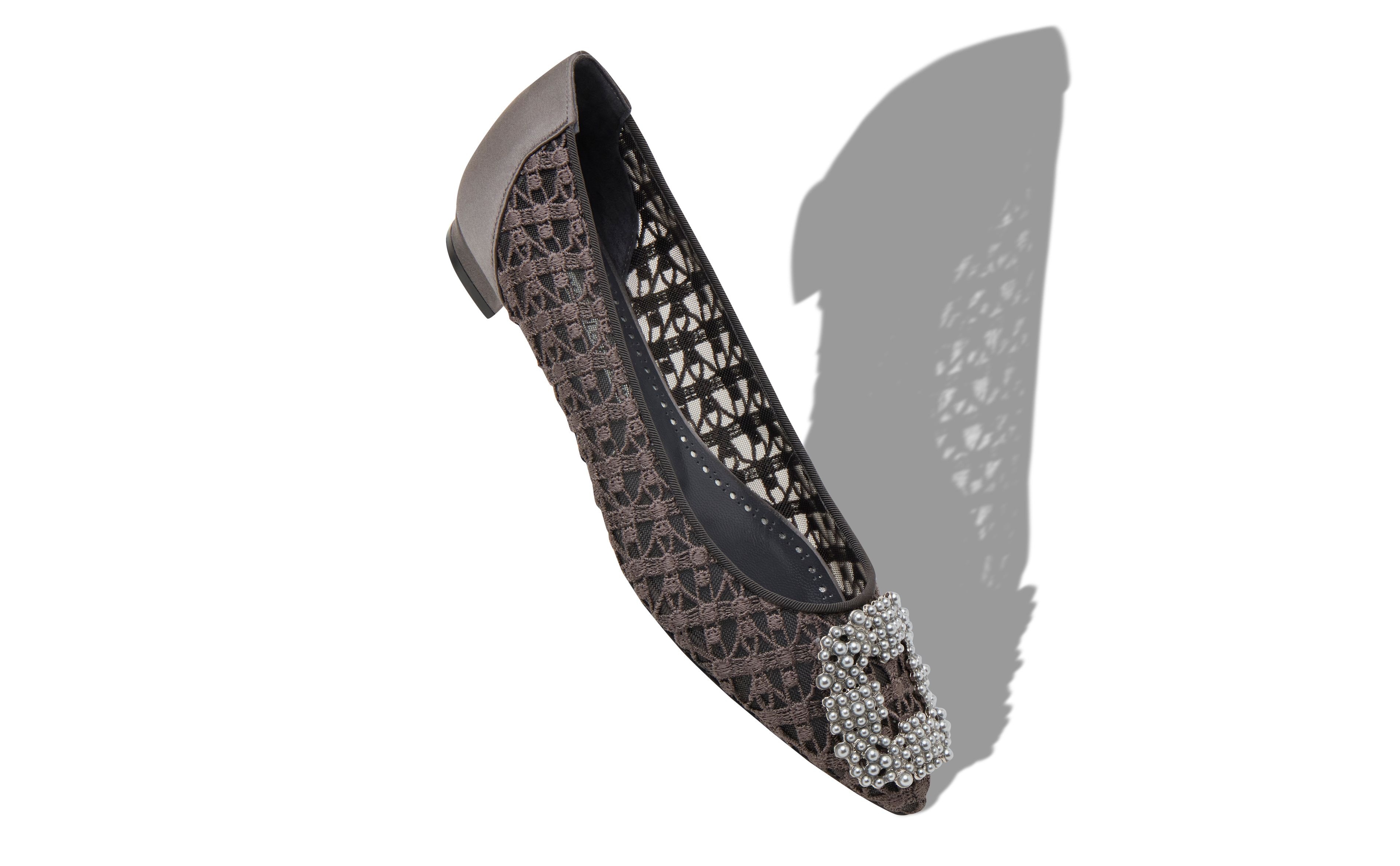Dark Grey Lace Pearl Buckle Flat Shoes - 2
