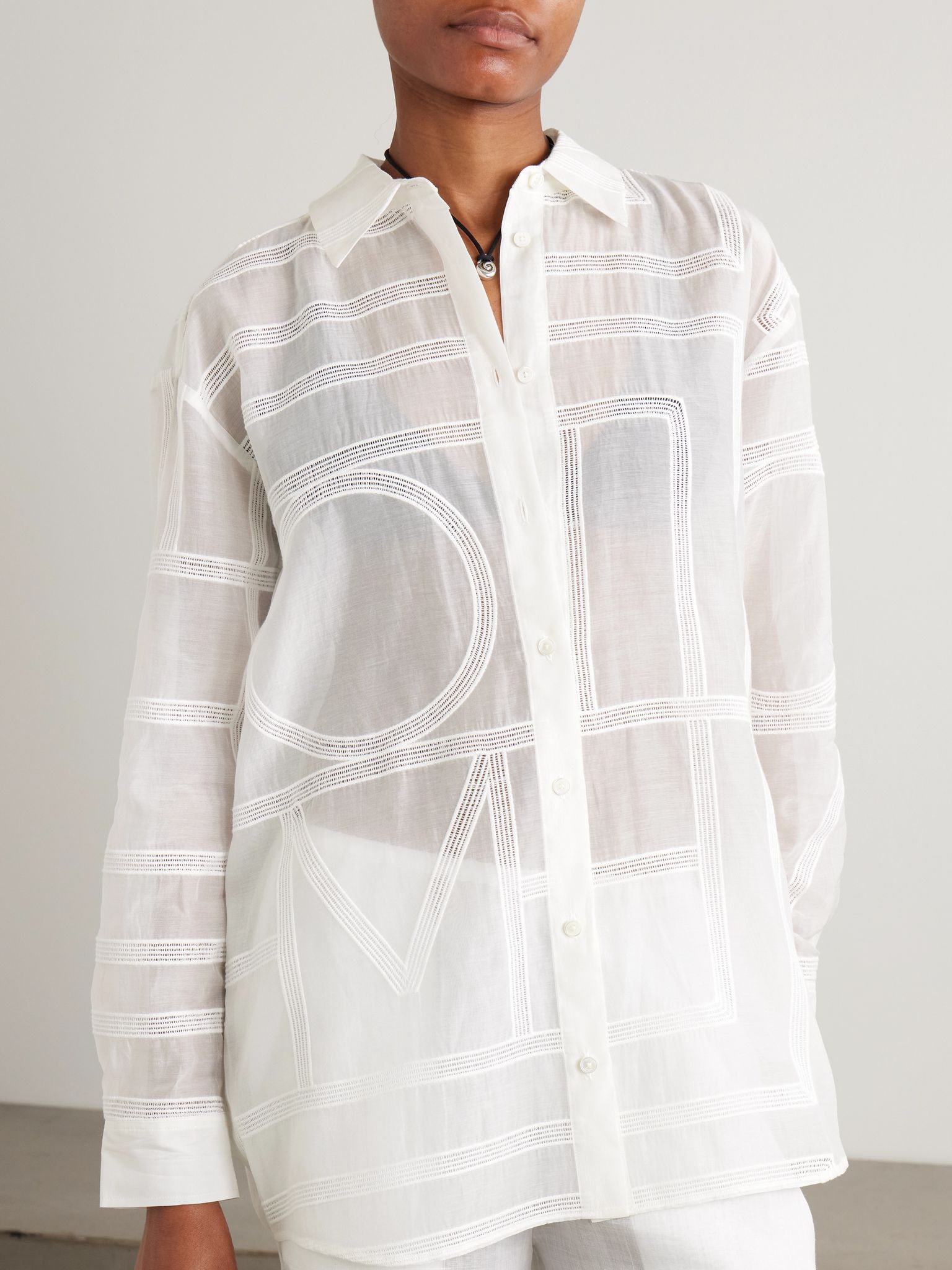 Embroidered organic cotton and silk-blend voile shirt White - 3