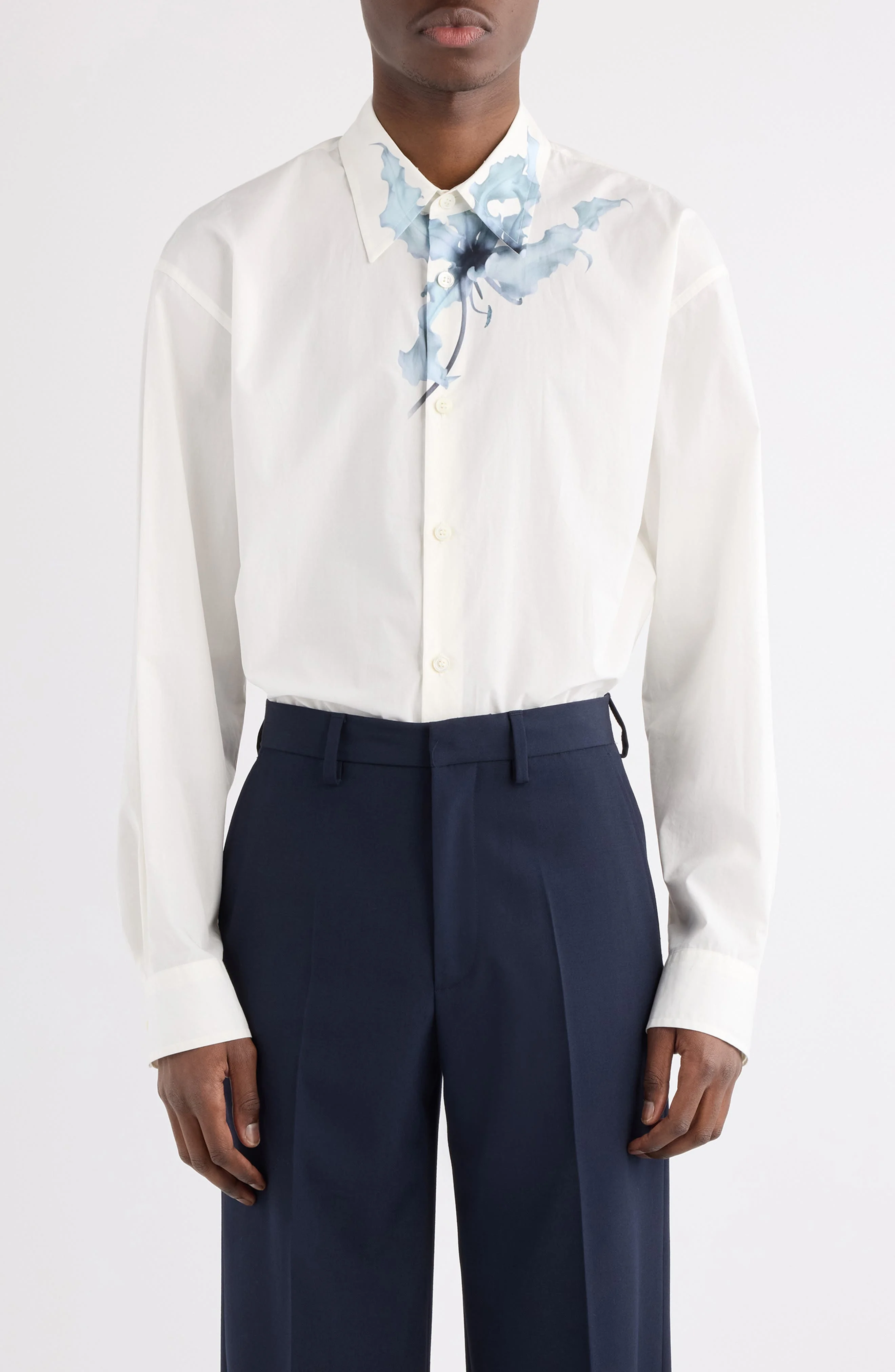 Dries Van Noten Croom Floral Cotton Poplin Button-Up Shirt in White/Light Blue at Nordstrom - 1