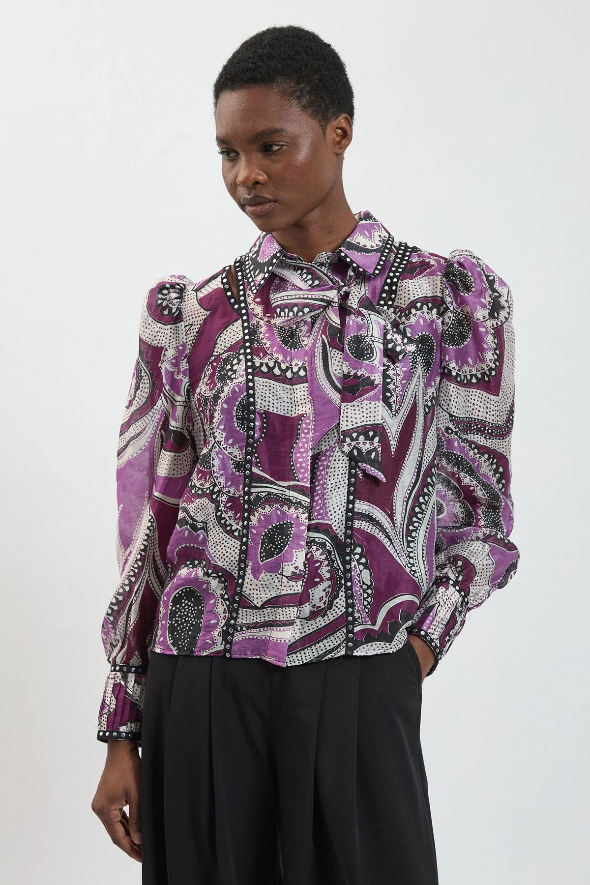 Floral Printed Studded Long Sleeve Blouse - 1