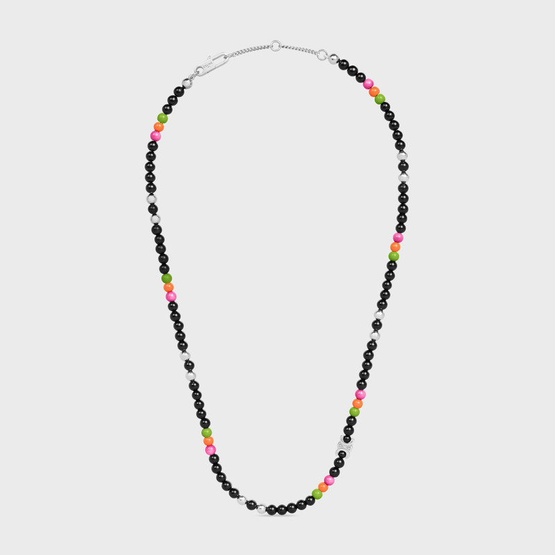 San Onofre Triomphe Necklace in Onyx, Glass Pearls and Brass with Rhodium Finish 1