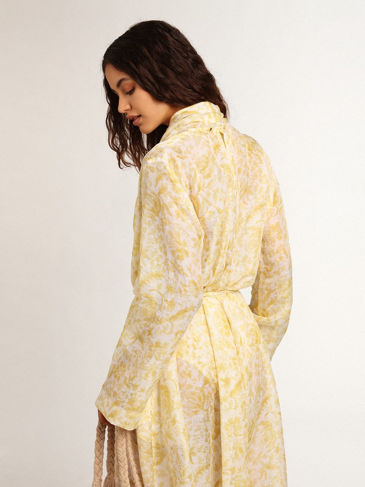 Resort Collection linen blend kaftan dress with lemon yellow print - 4