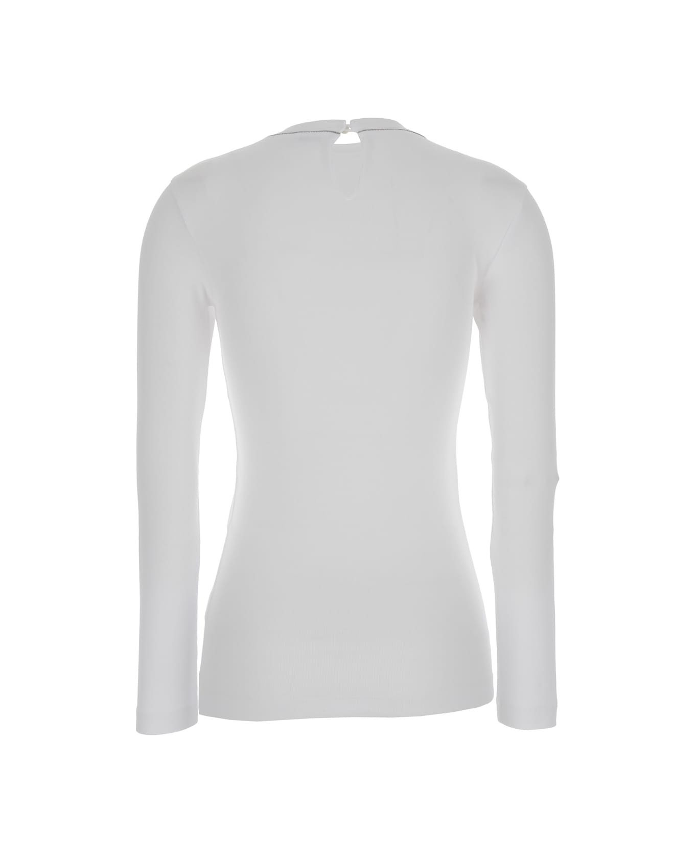 White Long-sleeve Top With Monile Detail In Ribbed Stretch Cotton Woman - 2