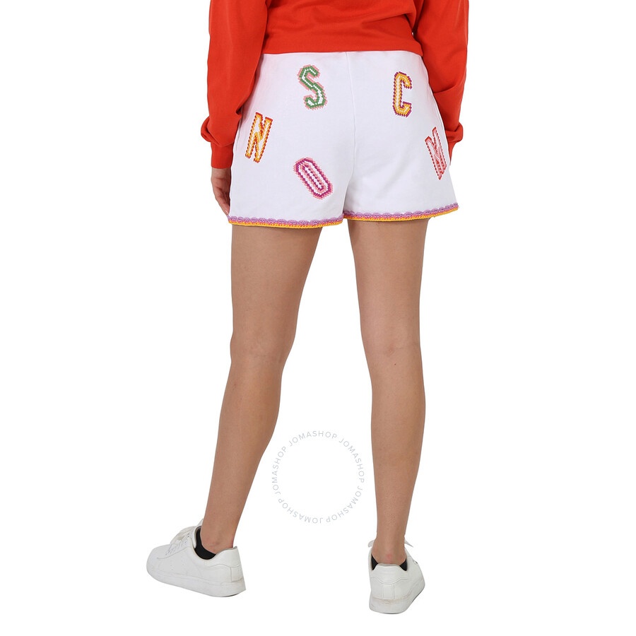Moschino Ladies Fantasy Print White Logo-Embroidered Lace-Trim Shorts - 5