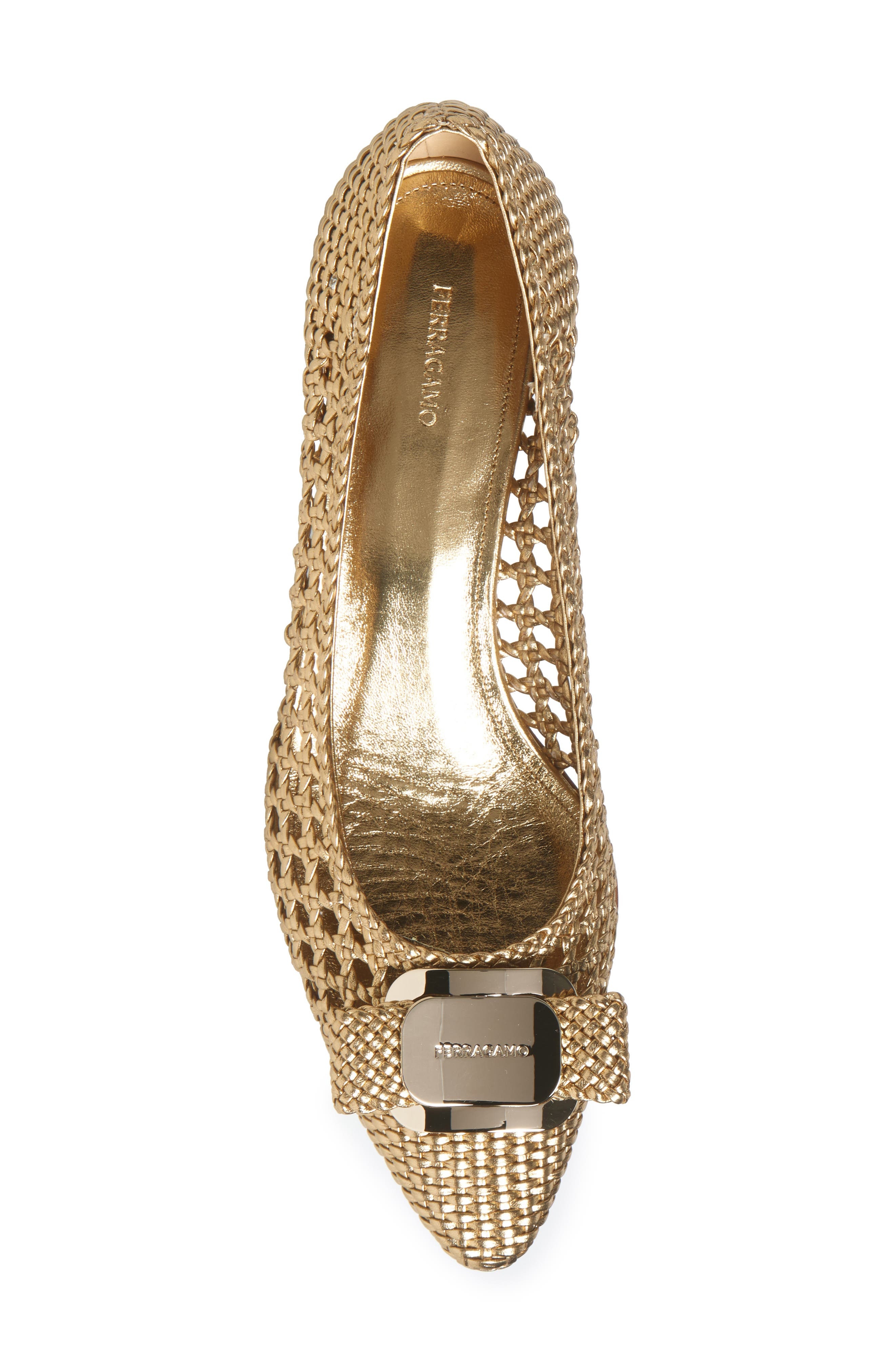 FERRAGAMO Zelma Bow Woven Pointed Toe Kitten Heel Pump in Gold Lux at Nordstrom - 5