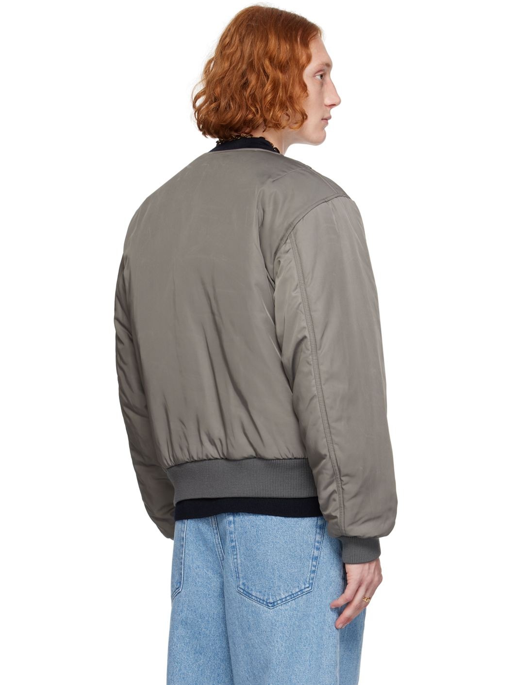 Gray Collarless Bomber Jacket - 3