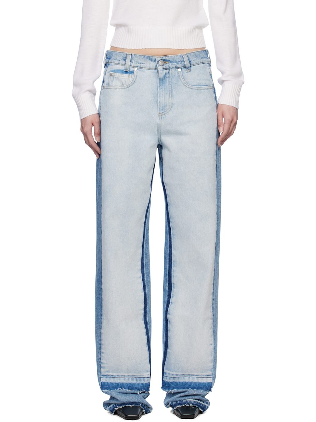 Blue Contrast Panel Straight Leg Jeans - 1