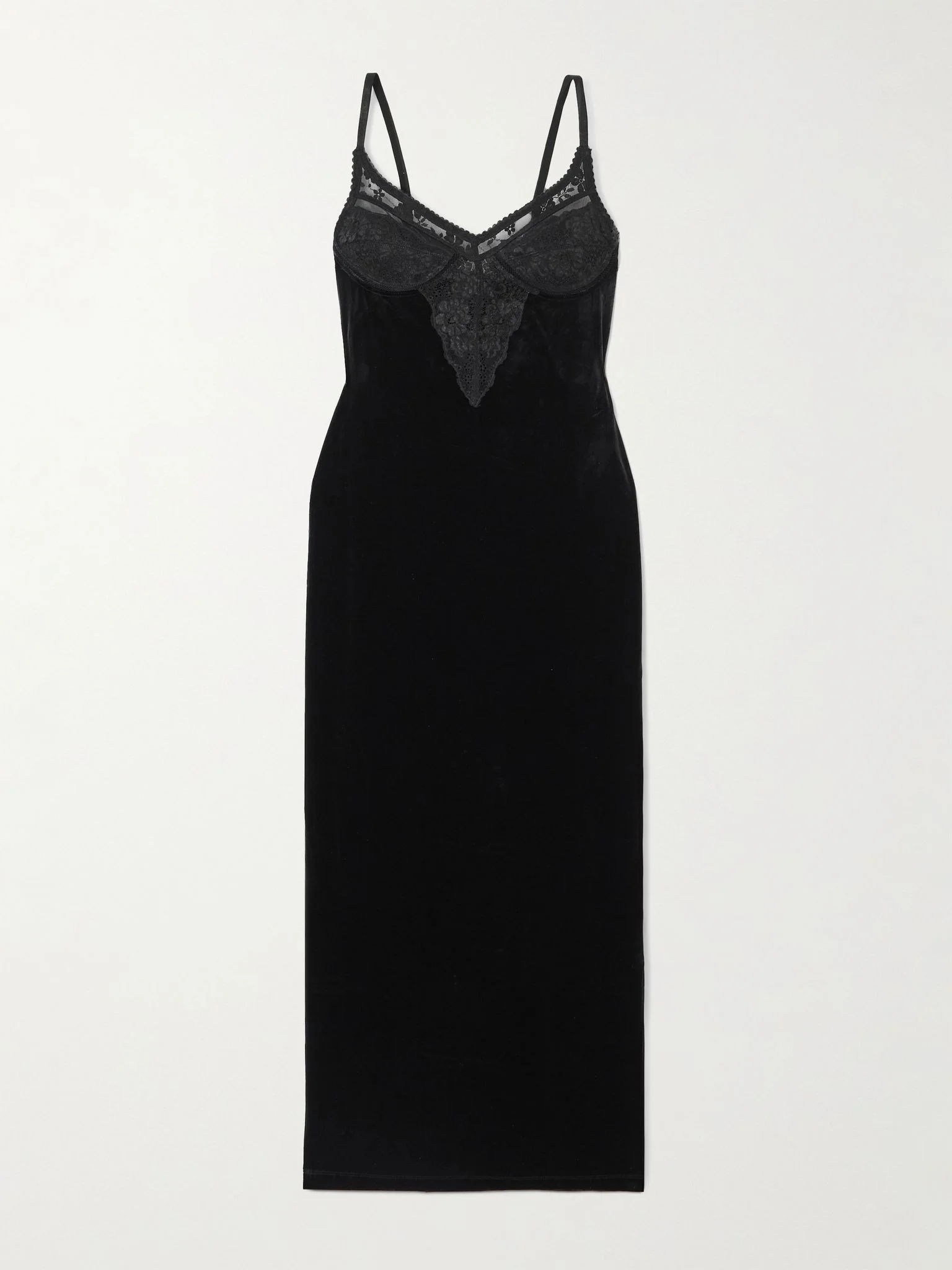 Lace-trimmed velvet midi dress Black - 1