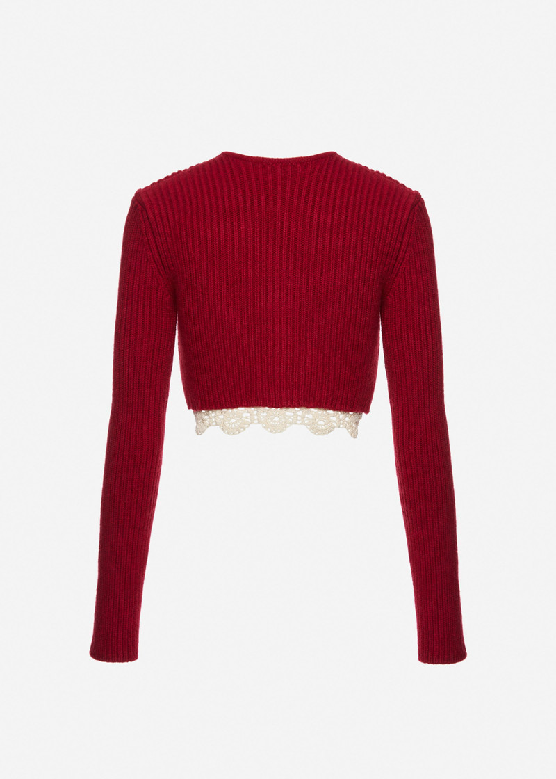 Long-sleeve crochet-trim cropped cardigan in red 2