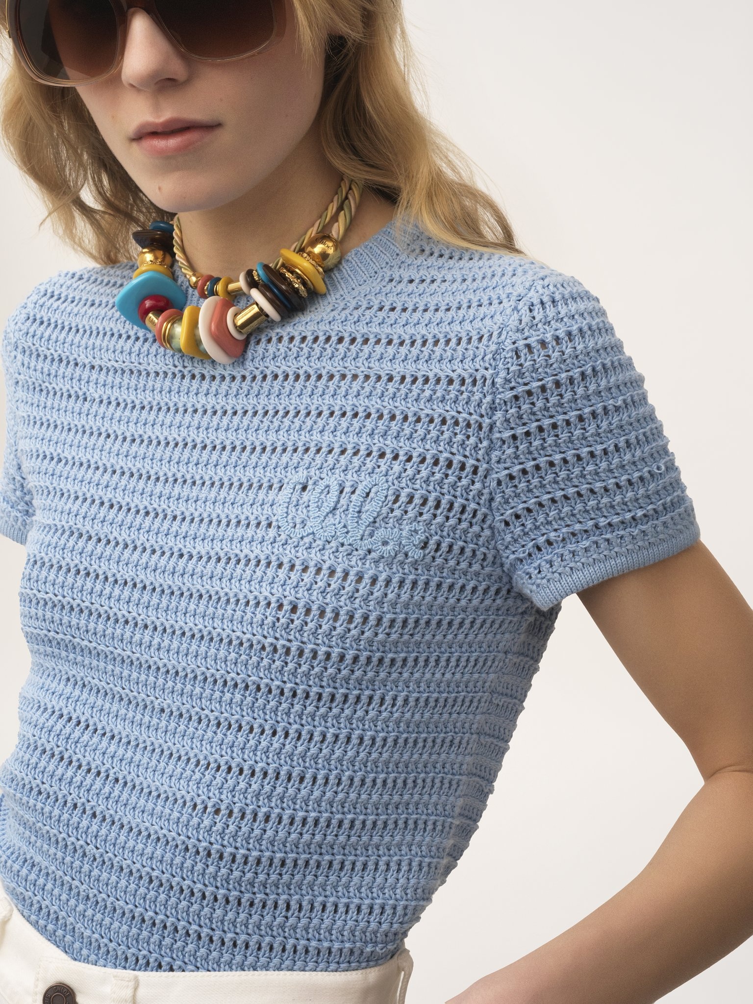 CREW-NECK LOGO TOP IN COTTON CROCHET KNIT - 6