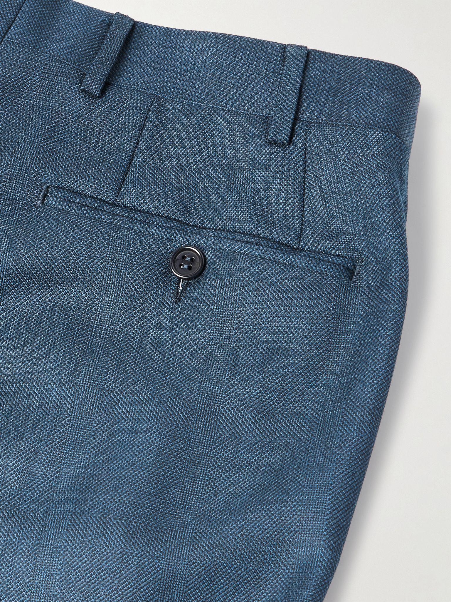 Tapered Pleated Checked Wool Suit Trousers Blue - 5