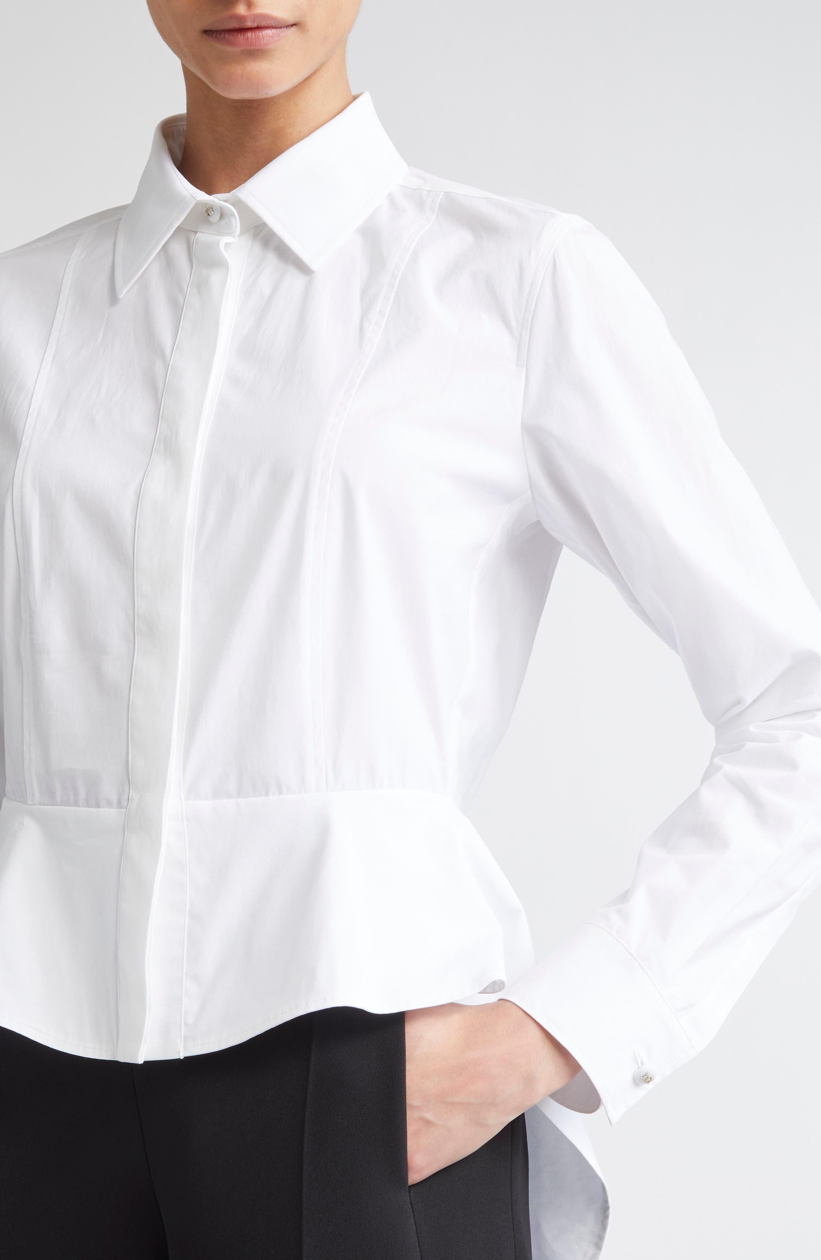Max Mara Gamma Stretch Cotton Peplum Shirt in Optical White at Nordstrom - 4