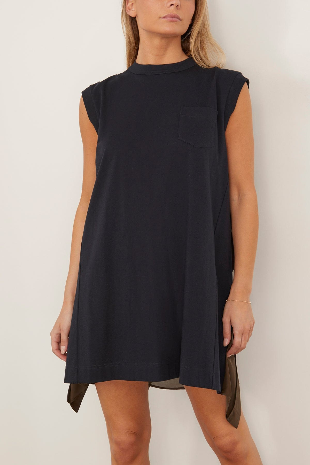 Satin x Cotton Jersey Dress in Navy x Khaki - 3