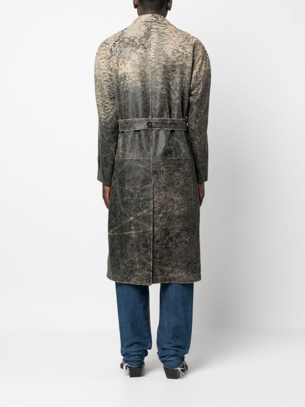 distressed-effect leather trench coat - 4